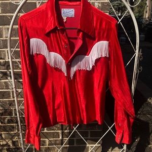RARE vintage red satiny fringe western snap shirt